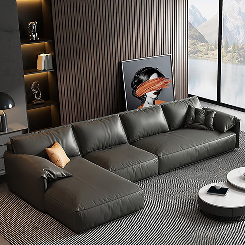 Black Genuine Leather Cushion Back Sectionals 70" Wood Stationary Sectionals