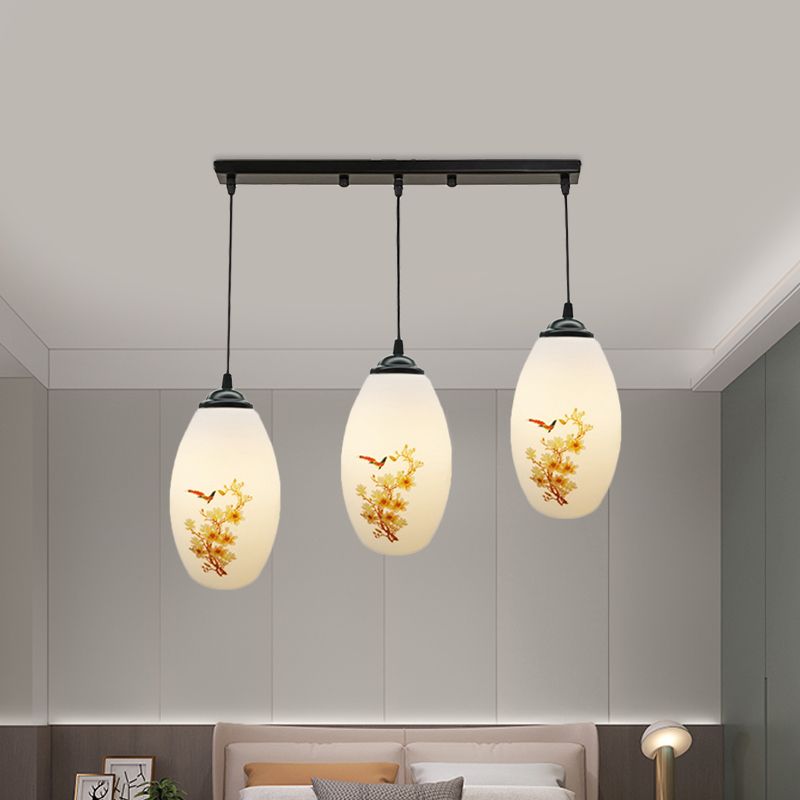 3 Bulbs Multiple Hanging Light Modern Oblong Frosted White Glass Linear/Round Canopy Pendulum Lamp with Flower Pattern