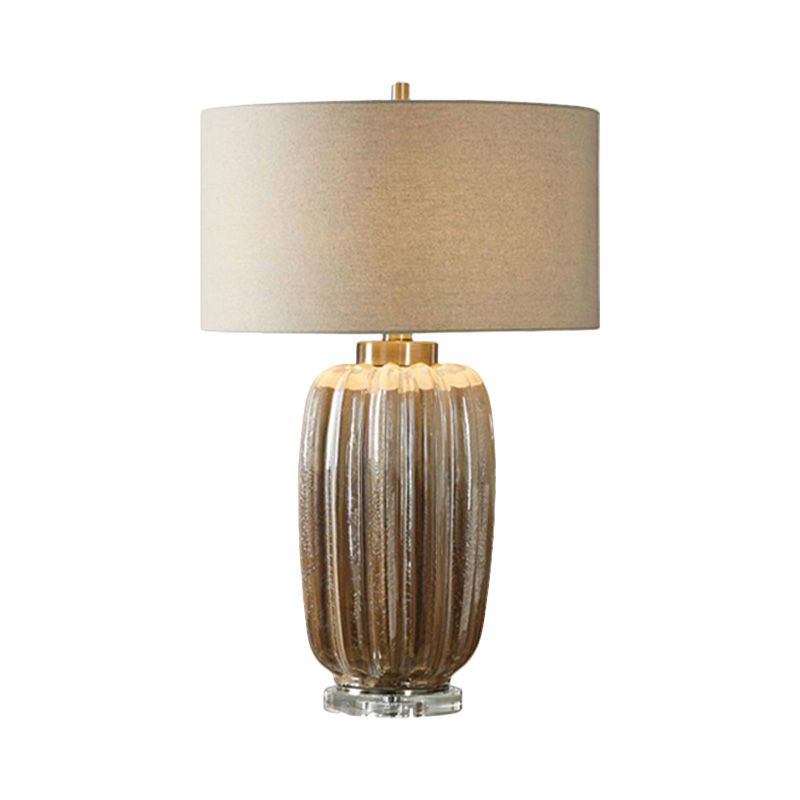 Lampe de nuit à ombre à tambour antiquée 1 lumière de bureau de tissu de bulbe avec base cylindrique en marron