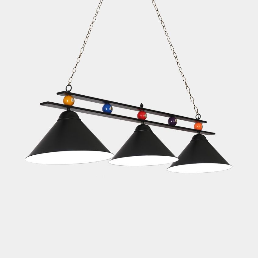 Conical Metallic Billiard Light Factory 3-Head Indoor Island Lighting Fixture in Black/Red/Blue