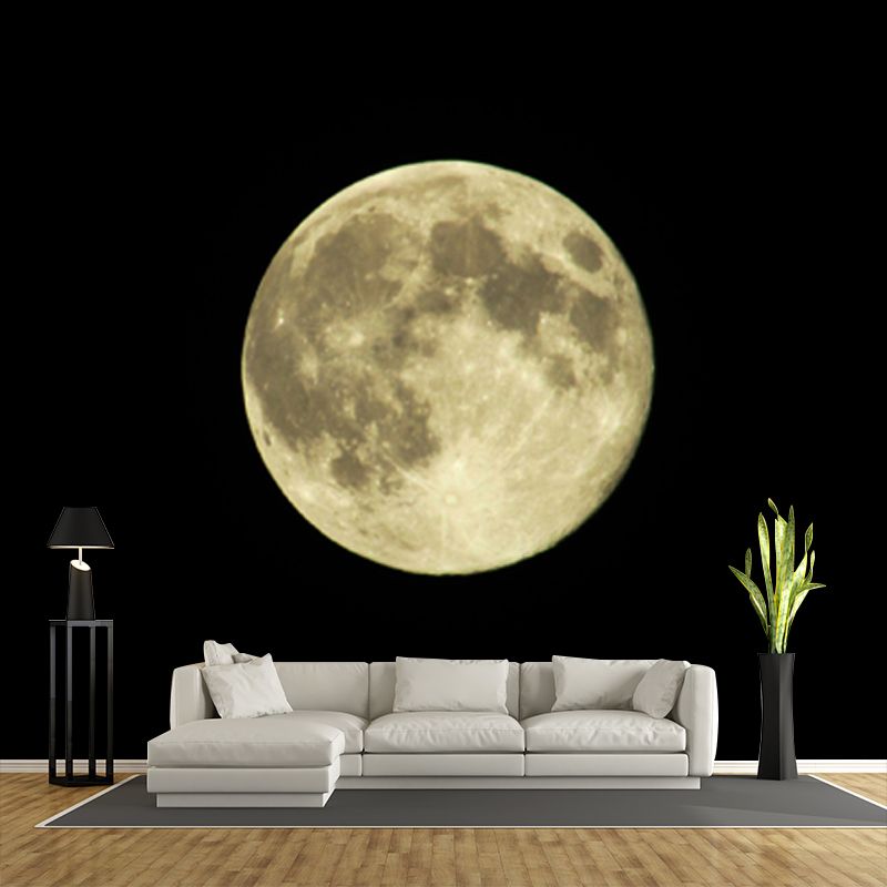 Minimalist Full Moon Wallpaper Mural Black-Yellow Planetary Wall Art, Non-Woven Fabric
