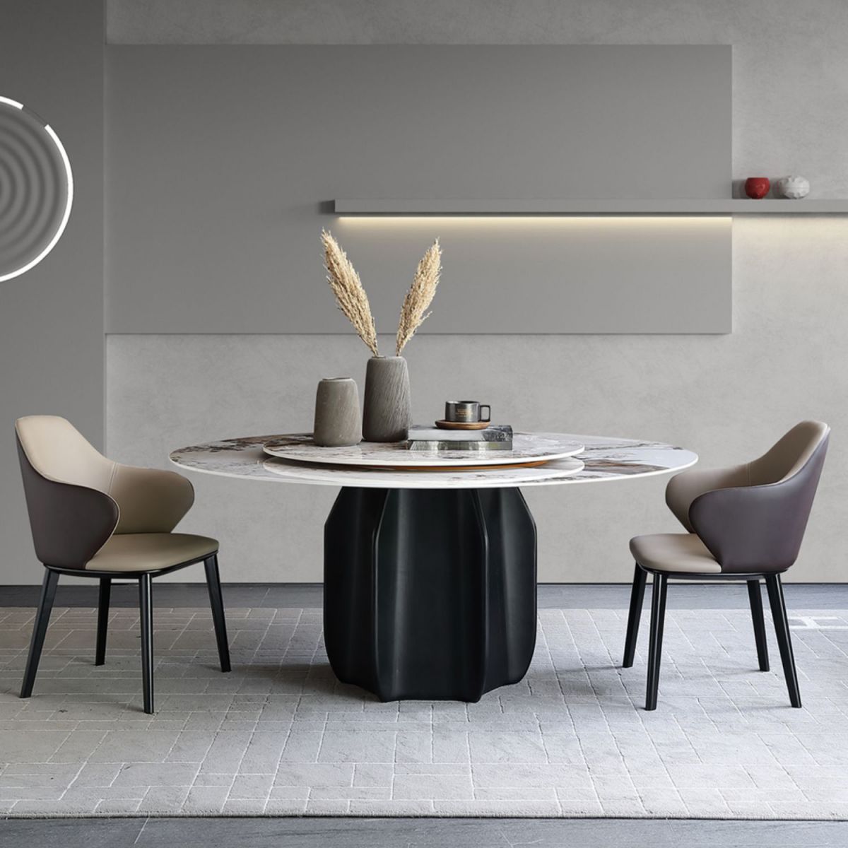 Round Dining Table Modern Stone Top Dining Table with Solid Wood Pedestal