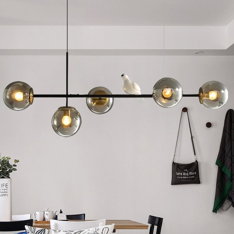 Industrial 5-Light Island Pendant with Amber/Milky White/Smoke Grey Glass Shade Brass Sphere Ceiling Light with Adjustable Cord