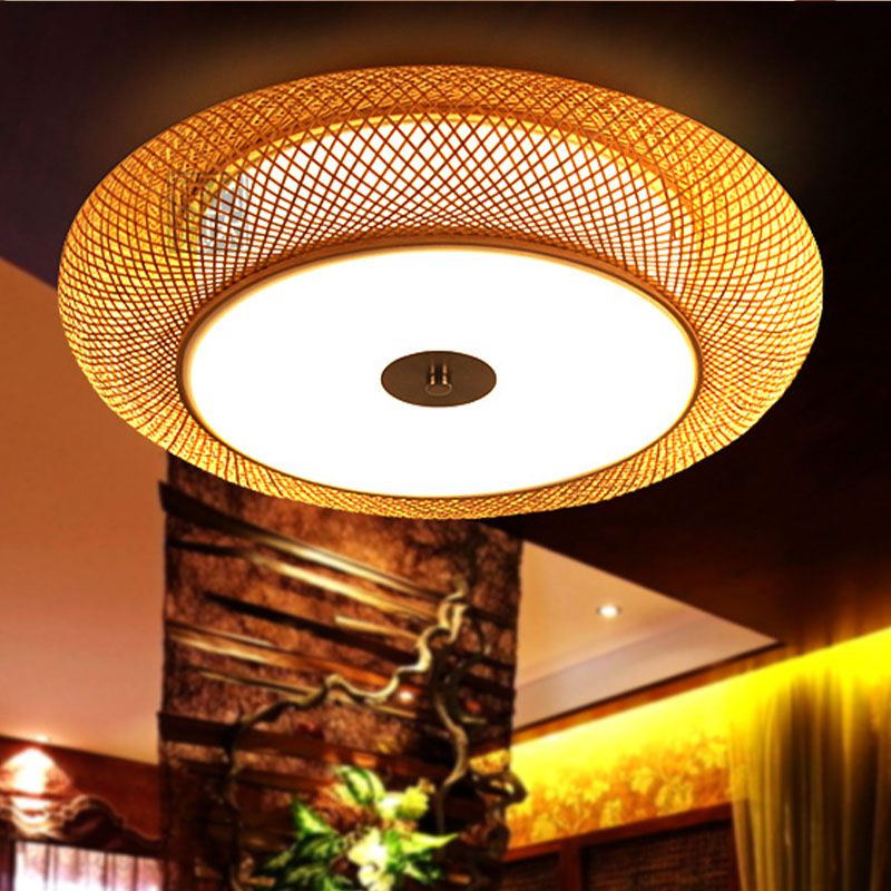 2 Heads Hand Woven Flush Mount Chinese Bamboo Close to Ceiling Lighting in Flaxen