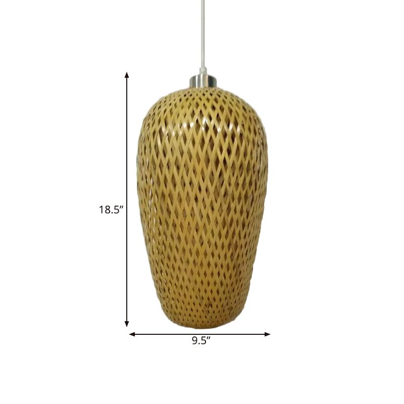 1 Bulb Restaurant Pendant Lighting Traditionary Wood Hanging Lamp Kit with Weave Bamboo Shade