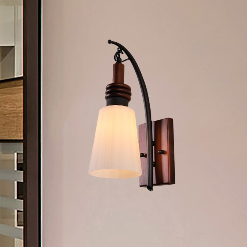 Contemporary Cone Sconce Light Fixture Opal Glass and Wood 1 Head Bedroom Wall Mounted Light in Red Brown