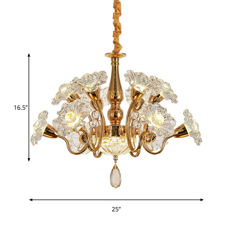 12 ampoules tourbillonnant le lustre traditionnel Gol d'or traditionnel clair à 2 niveaux de fleur de fleur de fleur de plafond