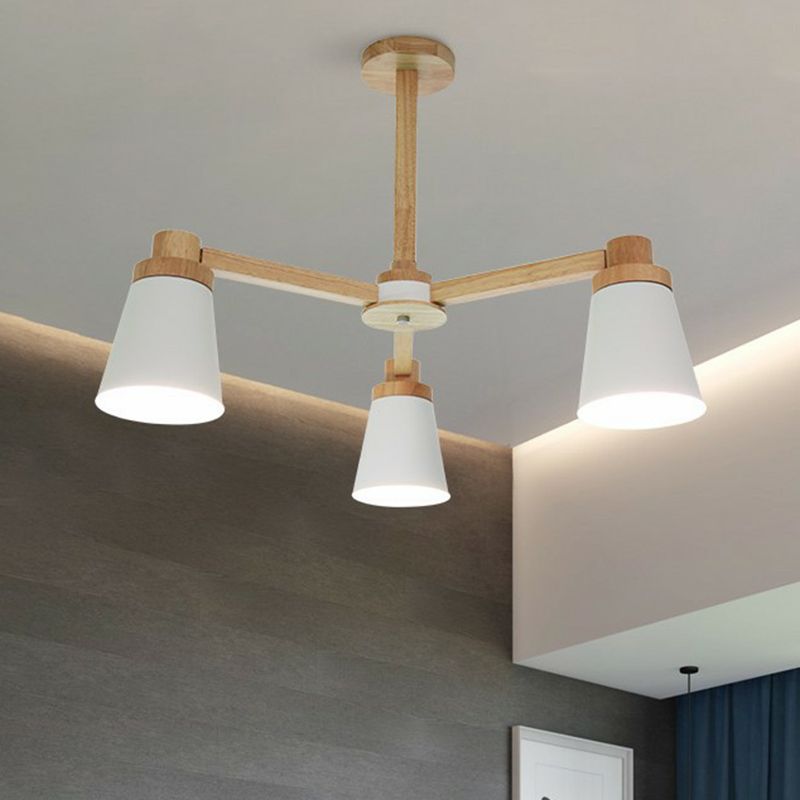 Conical Suspension Light Fixture Nordic Iron Chandelier Lighting with Wooden Arm for Living Room