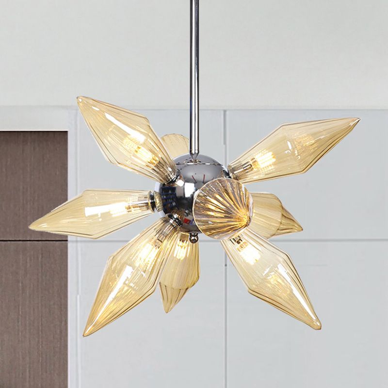 Tapered Pendant Chandelier Modernist Amber Ribbed Glass 9 Heads Dining Room Hanging Light Kit