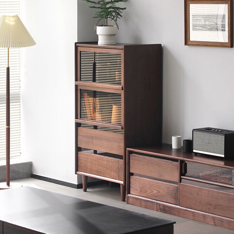 Mid-Century Modern Side Cabinet Solid Wood Glass Paned Accent Cabinet