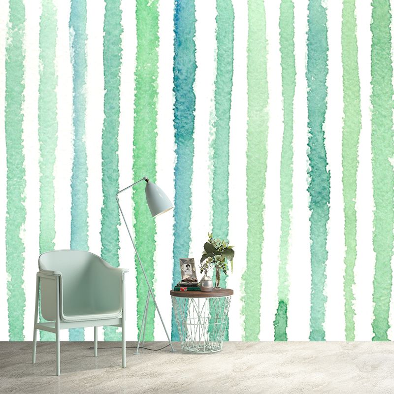 Green Watercolor Striped Mural Wallpaper Moisture Resistant Wall Art for Living Room