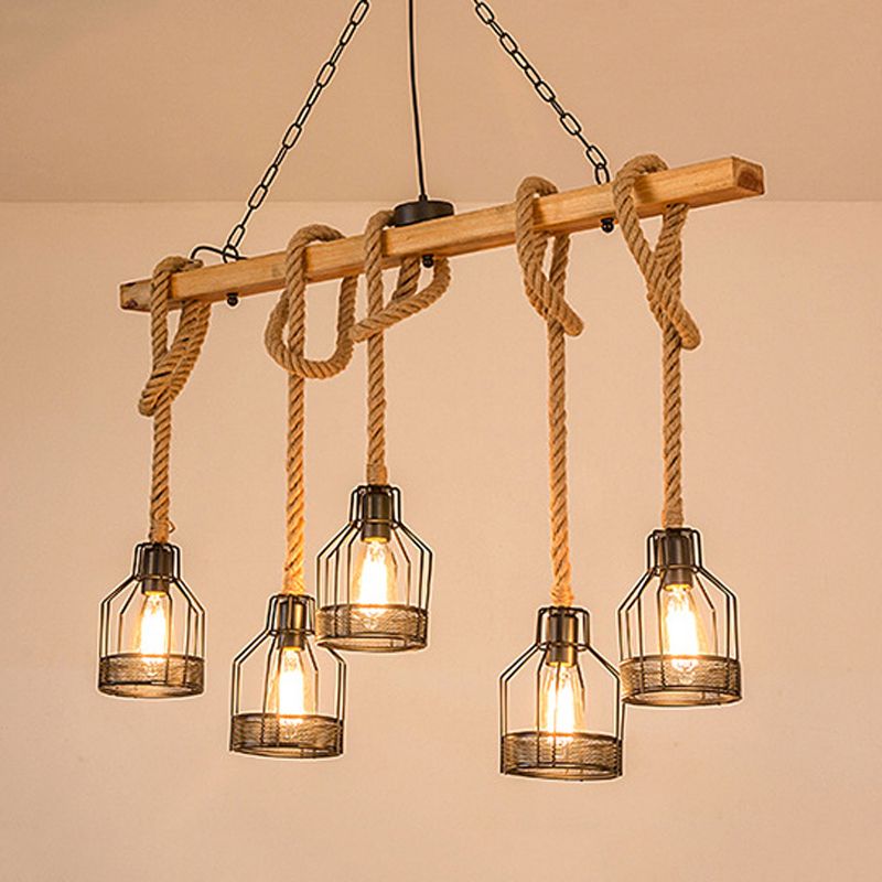 3 / 5 - Light Kitchen Island Fixture Wood and Iron Ceiling Lighting with Hemp Rope