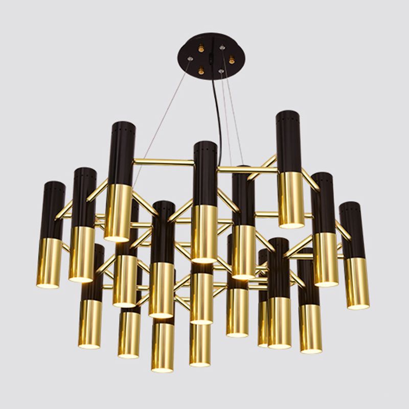 Postmodern Black-Gold Chandelier Metal Tubular Living Room Suspension Light