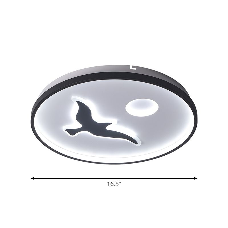 Rounded Metal Flush Light Nordic 16.5"/20.5"/24.5" Wide LED Black Flush Mount with Bird and Sun Pattern in Warm/White Light