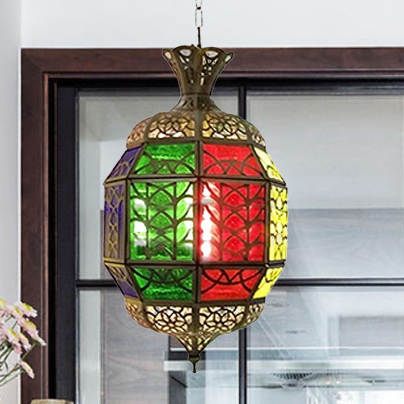 Metallic Lantern Pendant Lamp Vintage 1 Light Balcony Hanging Ceiling Lighting in Red