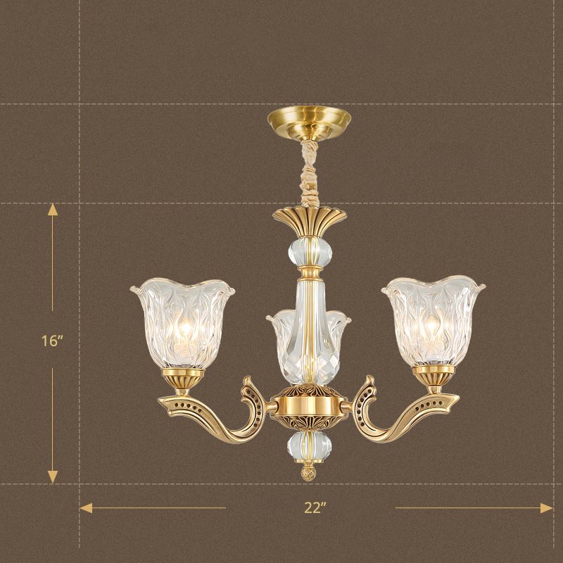 3 Lights Chandelier Lighting Antique Scalloped Clear Crystal Glass Suspension Lamp in Gold