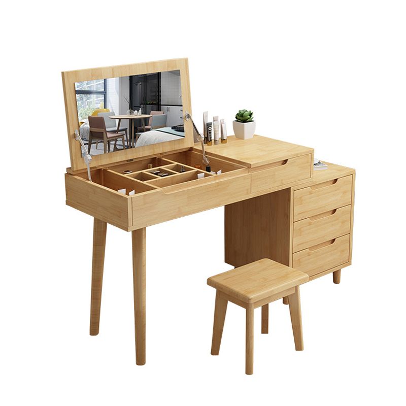 Scandinavian Wood Vanity Set Flip-Top Makeup Dressing Table with 4 Drawers