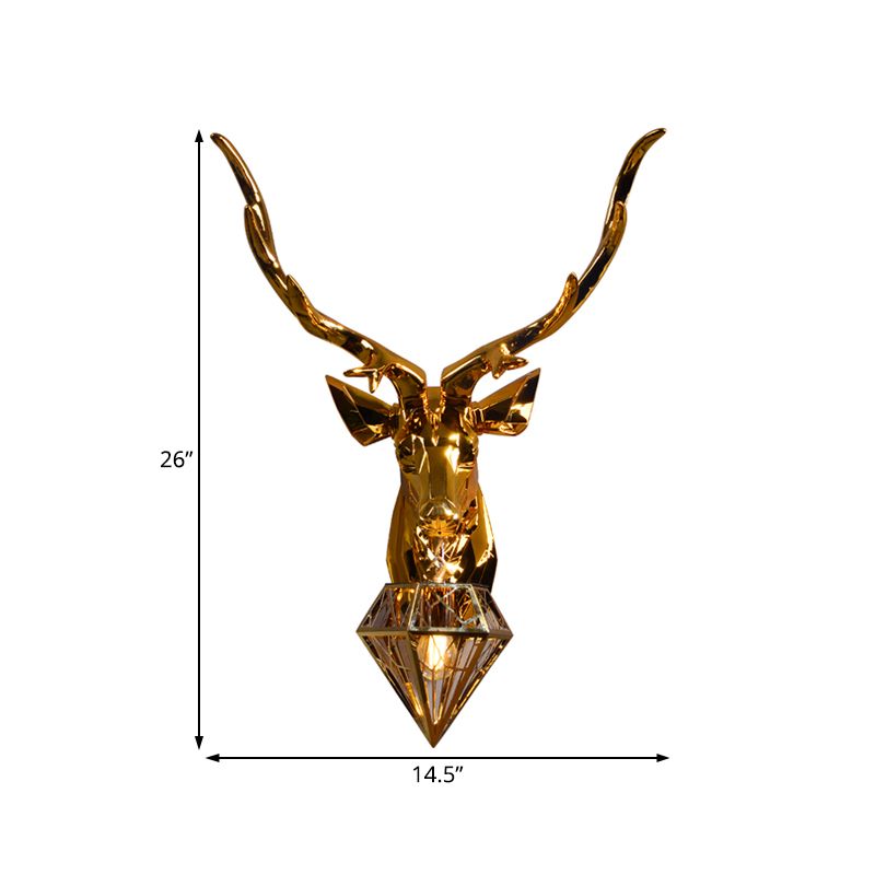 1 Light Resin Wall Lamp Fixture Rustic Silver/Gold Diamond Indoor Sconce Light with Deer Backplate, 14.5"/19.5" W