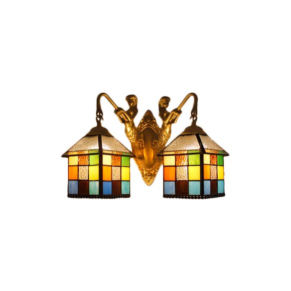 House Wall Light Fixture Tiffany Multicolor Stained Glass 2 Heads Clear/Blue Sconce Lighting