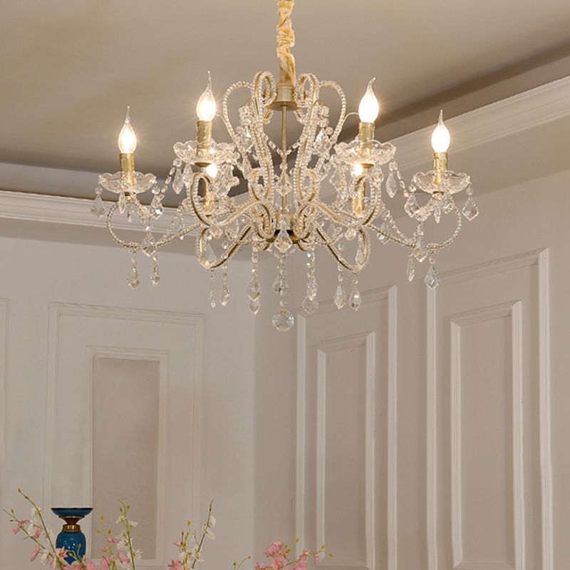Traditionalisme Candelabra Kroonluchter 6-Bulb Clear Crystal Hanging Light armatuur met metalen gescrolde arm
