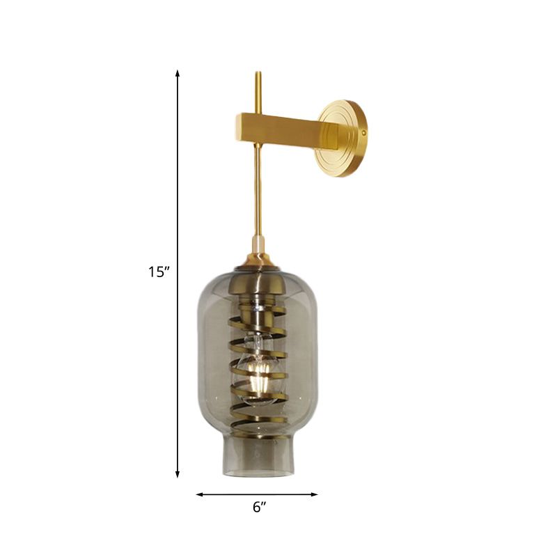 Lantern Smoke Gray Glass Wall Lighting Postmodern 1 Bulb Brass Wall Lamp Sconce for Tea Room