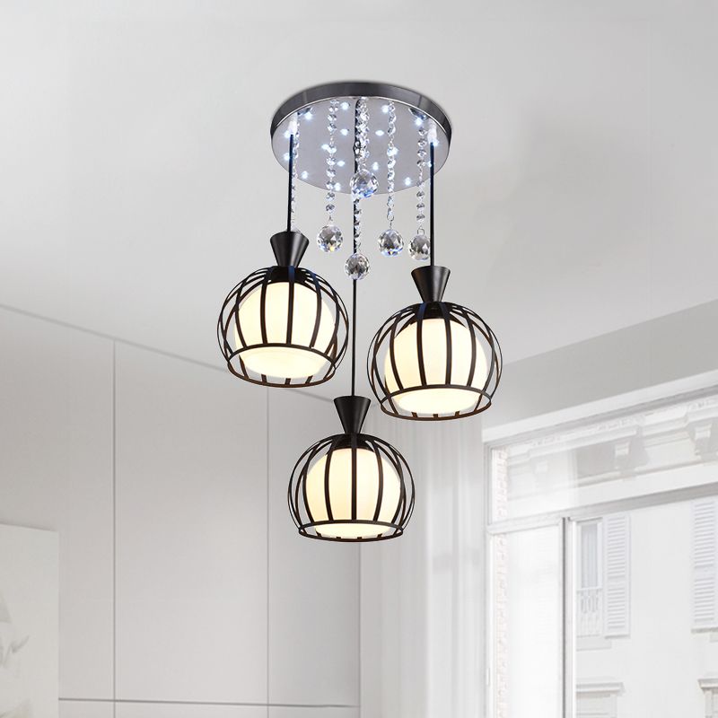 Retro stilvolle gewölbte Käfighängelampe 3 Lichter Metall Anhänger Beleuchtung mit klarer Kristallkugel -Deco in Schwarz/Weiß -Finish
