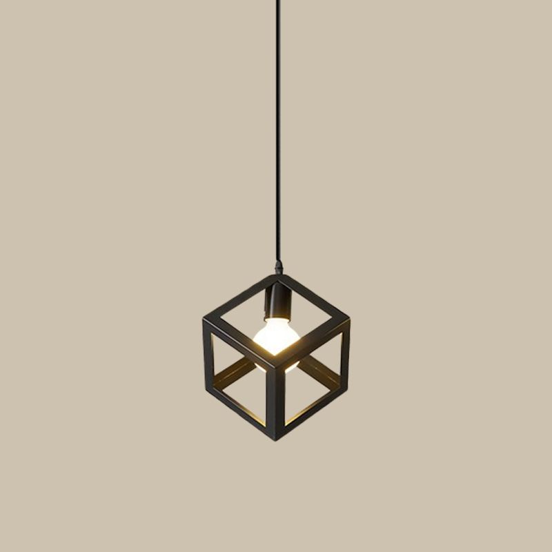 1 Bulb Iron Hanging Pendant Industrial Black Cylinder/Triangle/Square Dining Room Suspension Light