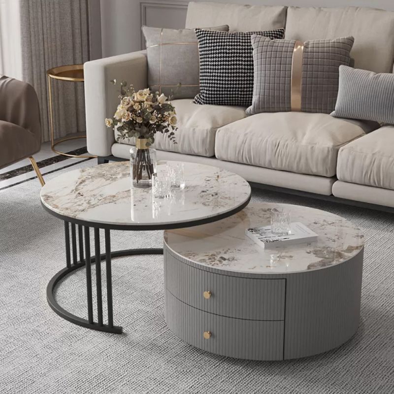 Modern Round End Table Living Room No Distressing Side Table with Drawers