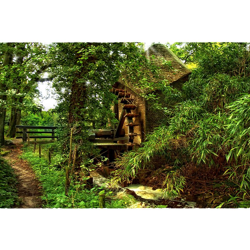 Photography Country Mural Wallpaper with Water Mill Painting for Home Decor