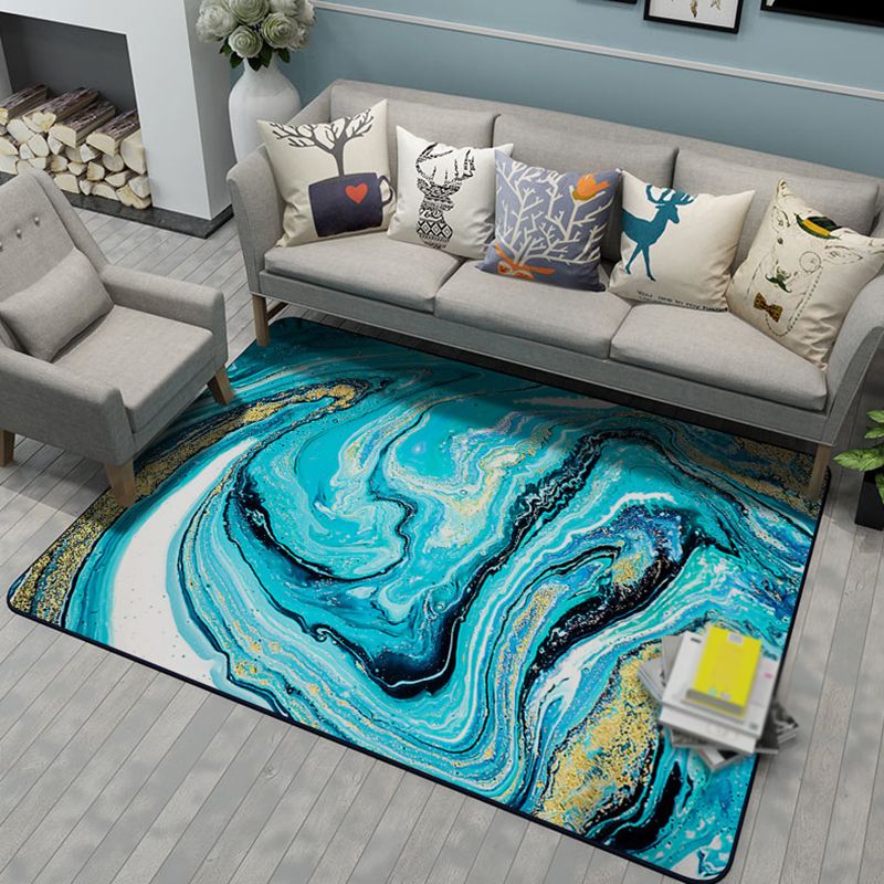 Blue Watercolor Printed Rug Creative Abstract Art Carpet Polyester Washable Rug for Living Room