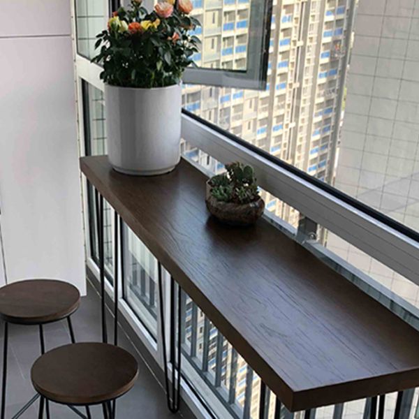 Solid Wood Brown Bar Table Black Legs and Metal Base Bar Table