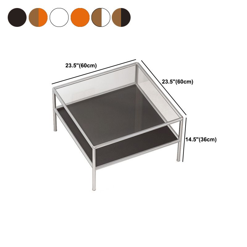Contemporary Square Coffee Table with Shelf and Glass Top and Steel 4 Legs