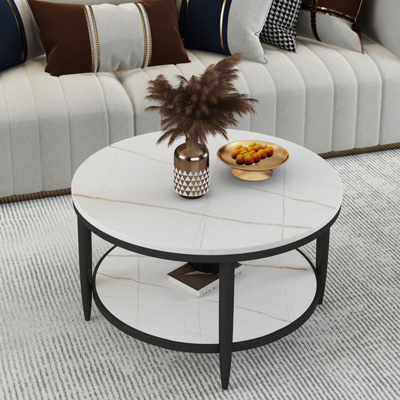 Glam Style Round Slate Table Plate Metal 4 Leg Base with Storage Rack Coffee Table
