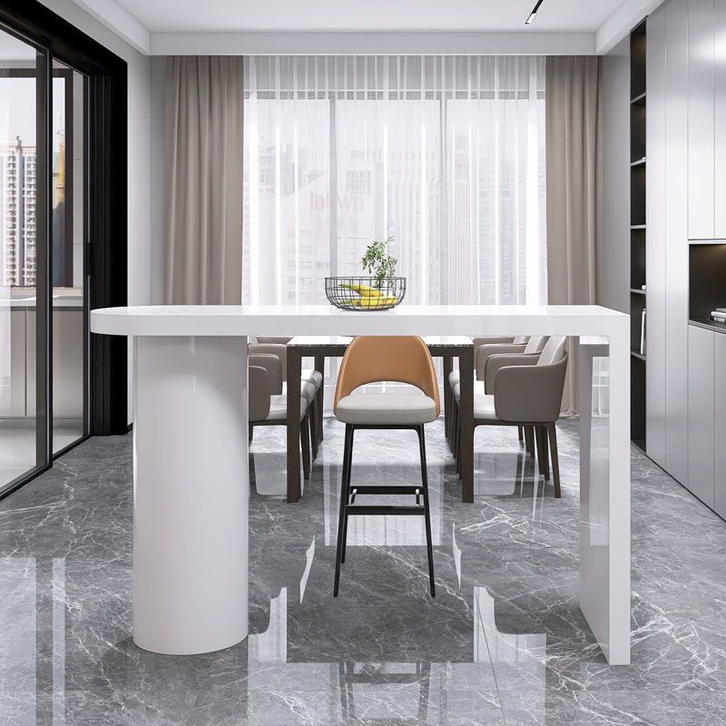 Contemporary Style Bar Table White Wood Bar Dining Table with Double Pedestal Base