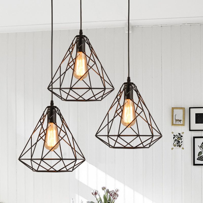 Metal Diamond Cage Pendant Lighting Vintage Style Dinning Room Hanging Pendant Light in Black