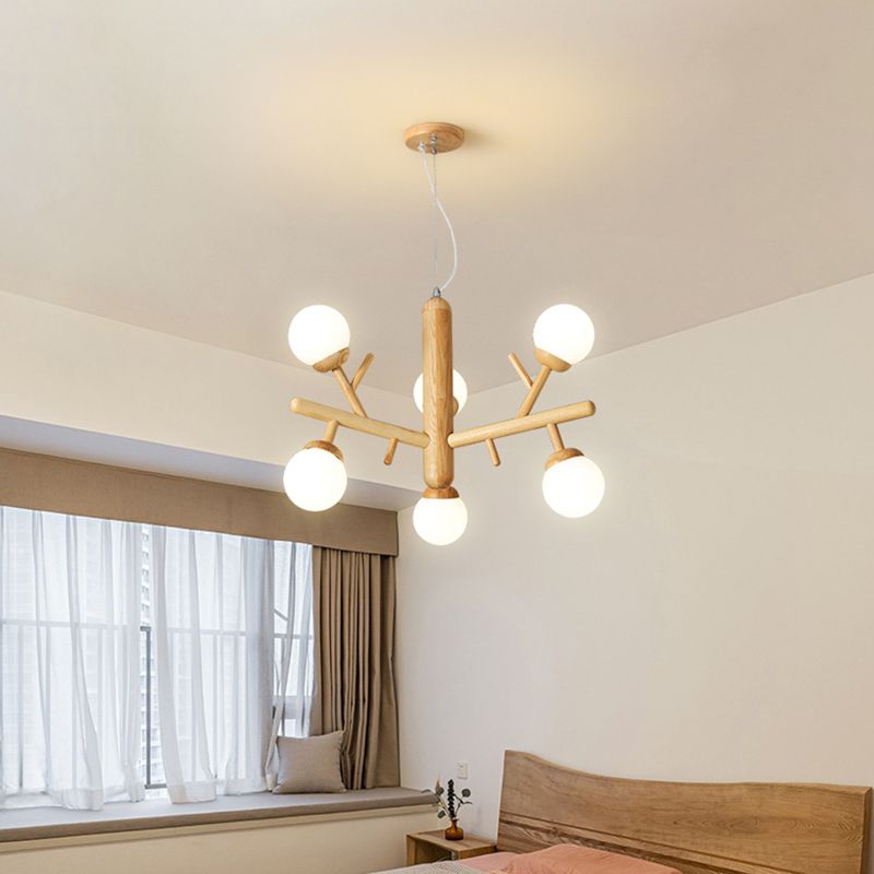 Lampadario ramo di legno moderno a ciondolo multi-testa con tonalità di vetro bianco