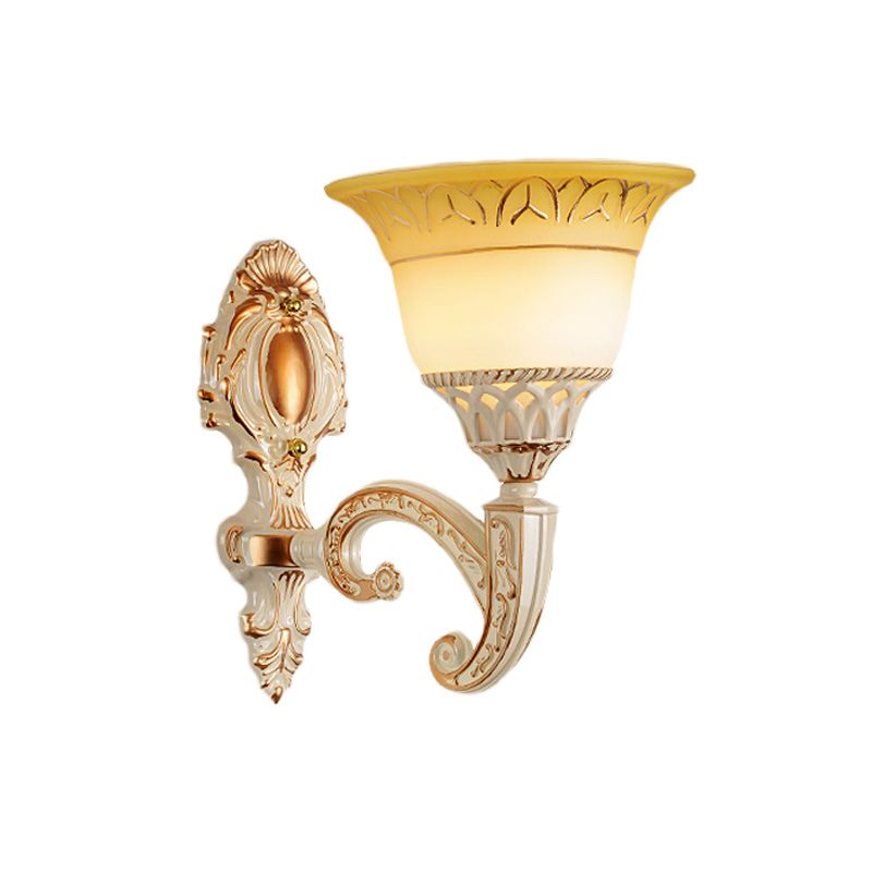 Curved Arm Metal Wall Lamp Vintage 1/2-Head Living Room Sconce with Flared Beige Glass Shade