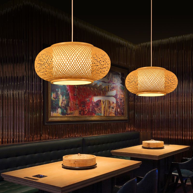 Beige Bamboo Hanging Light Fixture Asian 1-Light Suspension Pendant Light for Restaurant