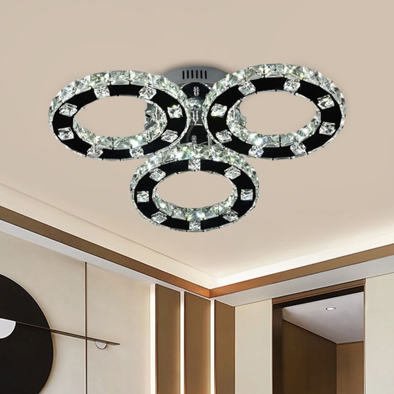 Simple LED Ceiling Light Fixture Stainless-Steel 3-Ring Semi Mount Lighting with Cur Crystal Shade