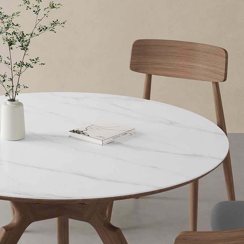 Contemporary Round White Stone Dining Table with Solid Wood Trestle