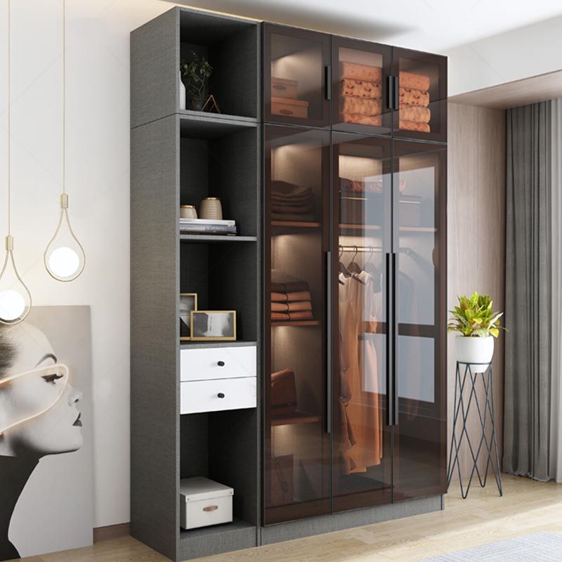 Modern Grey Wardrobe for Home Mirrored Finish Cabinet with Glass Door