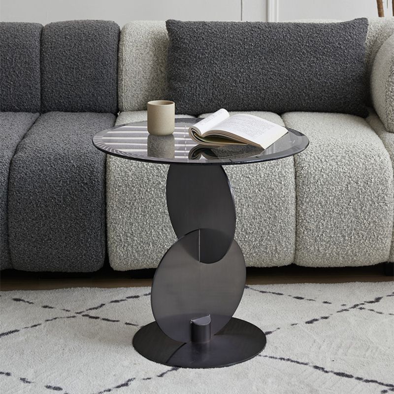Contemporary Glass Round Top Side Table Metal Pedestal End Table