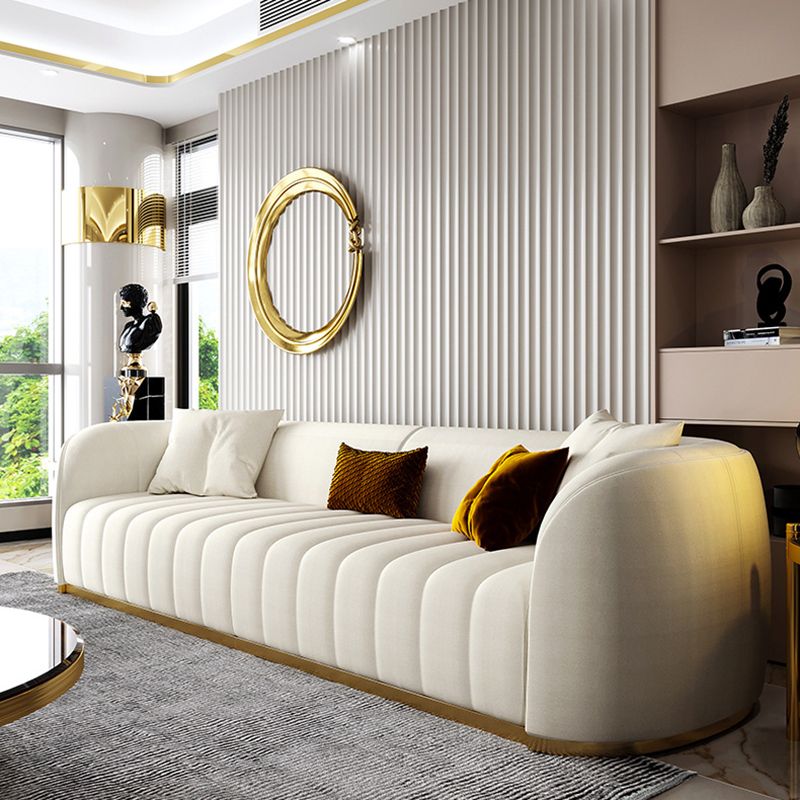 Beige Contemporary Sofa with Pillows Faux Leather Tuxedo Arm Sofa