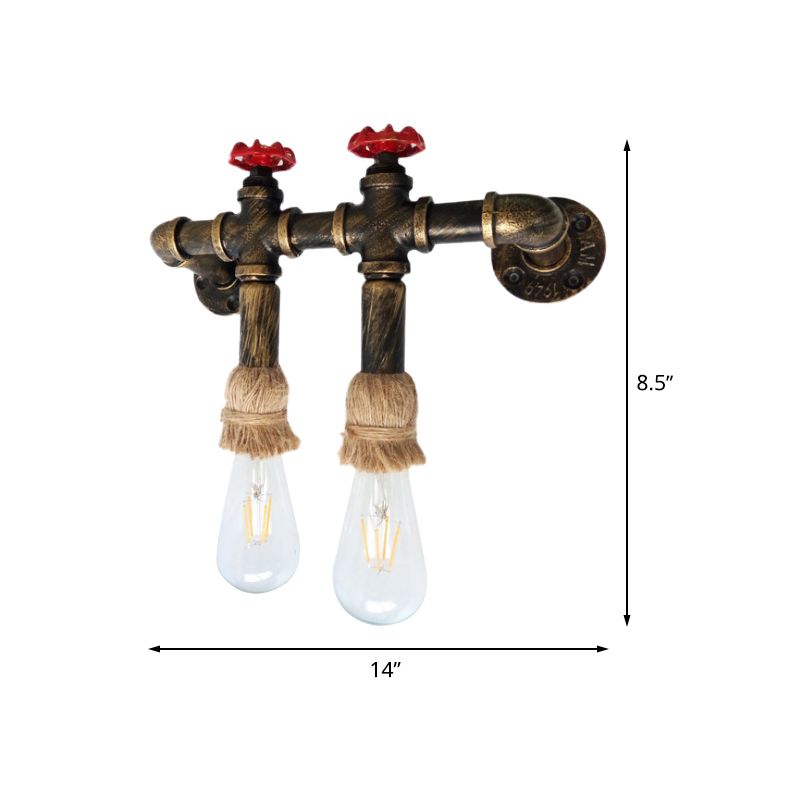 Antique Brass 2-Head Sconce Lighting Industrial Metal Water Pipe and Valve Wall Mount Lamp with Rope Top