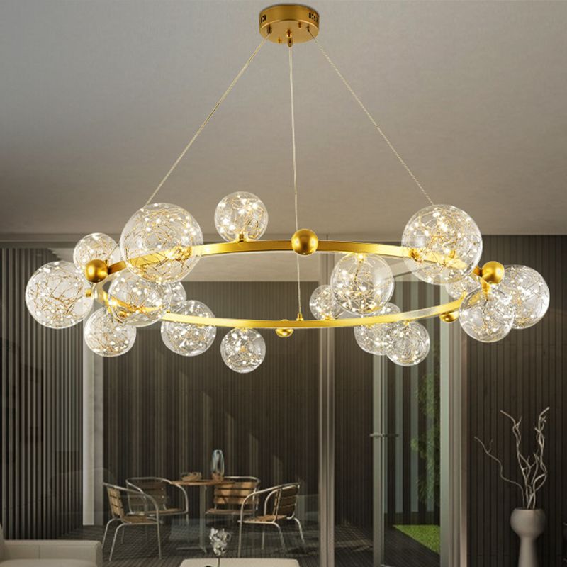 Transparant glas bol LED -licht snaren kroonluchter ronde metalen lamp body moderne stijl eenvoud verlichtingsarmatuur