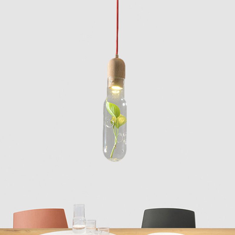 1-Head Ceiling Pendant Factory Bottle Clear Glass LED Pendulum Light with Inner Plant Deco