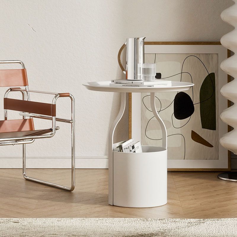 Metal Round Tray Top Side Table 20.9" Tall Leather Pedestal End Table with Storage