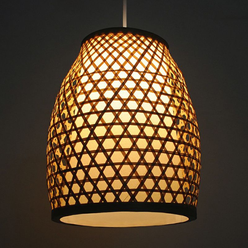Bamboo Bell Shaped Hanging Lamp Chinese 1-Light Beige Down Lighting for Dining Room