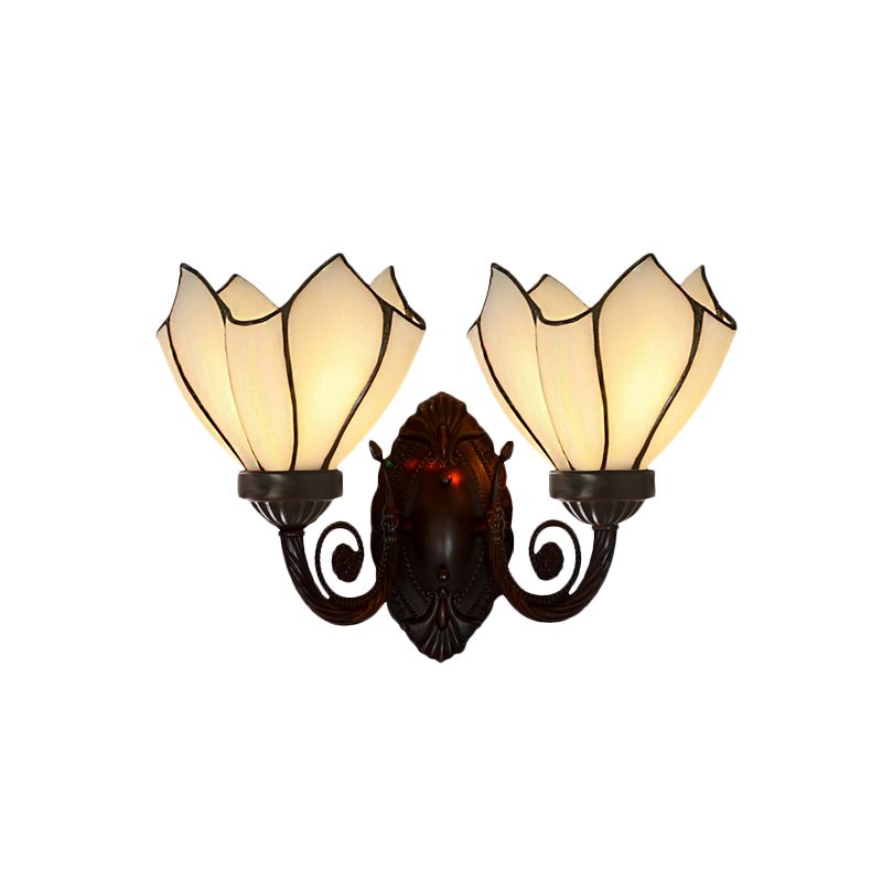 Petal Wall Sconce 2 Lights White/Pink Glass Mediterranean Wall Lighting Fixture with Swirl Arm for Living Room