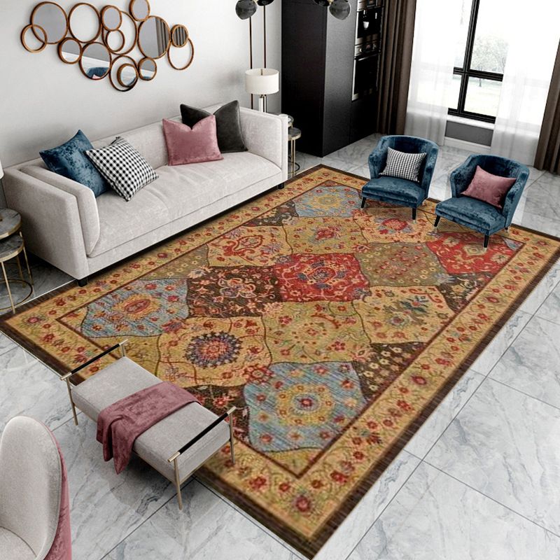 Wine Red Bohemian Rug Polyester Graphic Rug Non-Slip Backing Rug for Home Decoration